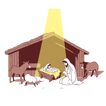 A soft yellow beam of light descends from the sky, illuminating a humble stable where Jesus was born. The stable is made of weathered wood, with straw scattered on the ground. Inside, a manger filled with hay sits at the center. Surrounding the manger are Mary and Joseph, dressed in simple robes. Mary is gently cradling the baby Jesus, who is wrapped in a white cloth. Soft shadows are cast by the light, highlighting the serene expressions on their faces. Outside, a few animals, including a donkey and sheep, are gathered near the entrance of the stable, bathed in the warm glow from above.