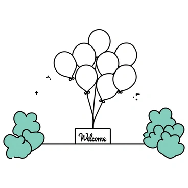 A cluster of "elegant white balloons" floating gracefully at the entrance of a wedding venue. The balloons are varying in size and are tied with delicate "silver ribbons" that cascade downwards. The entrance is framed by "lush greenery" on either side, enhancing the festive atmosphere. A sign that reads "Welcome" is placed beneath the balloons, adding a touch of charm to the scene. The ground is a smooth path leading towards the entrance, inviting guests to step into the celebration.