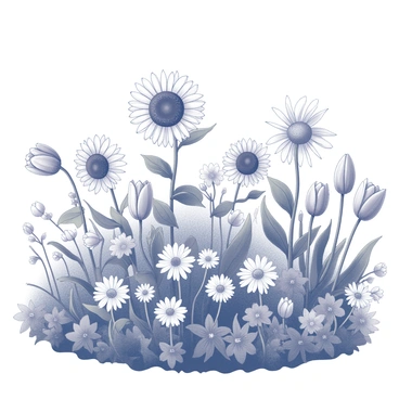 A garden overflowing with numerous flowers in various shapes and sizes. The scene features a variety of flowers, including tall sunflowers, delicate daisies, and elegant tulips. The flowers are arranged in a lush, natural setting. A clear sky provides a bright backdrop, enhancing the overall appearance of the garden. The greenery of the leaves and stems contrasts with the flowers, creating a lively atmosphere.