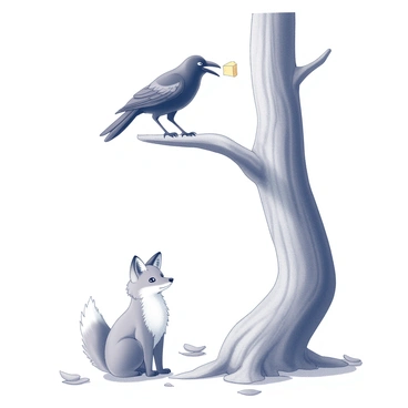A crow perched on a low branch of a sturdy tree. The crow holds a piece of cheese in its beak, looking down with a clever expression. Below the tree, a fox sits attentively, its ears perked up and eyes focused on the crow. The fox's body is sleek and poised, with its bushy tail curled around its paws. The ground is dotted with fallen leaves, and the tree's bark is textured, showing signs of age. The scene captures the moment of sly interaction between the two animals.