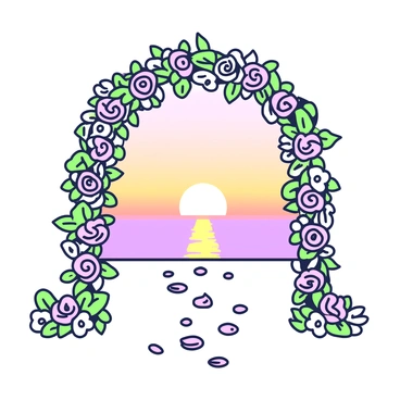A wedding arch is prominently situated, decorated with a variety of flowers intertwined with greenery. The arch forms a perfect frame for the stunning view of the ocean in the background. The sky displays a gradient of colors as the sun sets on the horizon, casting a soft light that bathes the scene in warm tones. The ocean reflects the colors of the sunset, creating a harmonious blend with the floral arrangement. On the ground, there are scattered rose petals leading up to the arch, enhancing the romantic atmosphere.