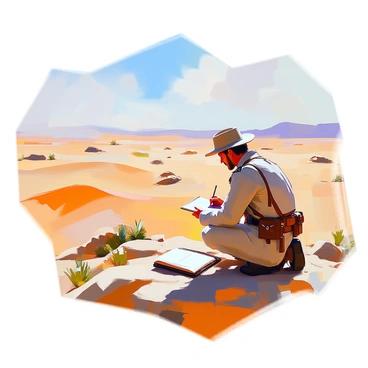 A panoramic view of a vast desert landscape stretching into the distance, featuring golden sand dunes and scattered, rugged rocks. In the foreground, "Mier y Teran," a man with light skin and short dark hair, is kneeling on the ground, taking notes in a leather-bound notebook. He is dressed in a historical military uniform with intricate details and a wide-brimmed hat. The sun casts strong shadows, highlighting the textures of the sand and the man’s focused expression as he surveys his surroundings. Sparse vegetation, including cacti and small shrubs, can be seen in various places across the desert floor.