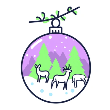 A Christmas ball hangs from a branch, featuring a painted winter forest scene on its surface. The scene includes a group of deer standing among evergreen trees, with snowflakes gently falling around them. The background is filled with a variety of tree shapes, and the ground is covered in a layer of snow, adding to the winter atmosphere. The ball has a shiny finish that reflects light, making the colors of the forest vibrant and the snowflakes distinct.