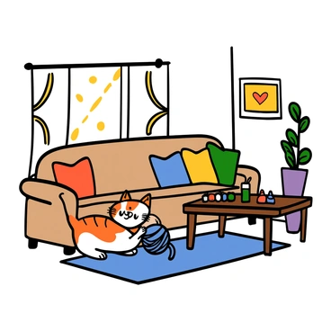 A small, fluffy kitten with orange and white fur is energetically playing with a bright blue ball of yarn. The kitten is crouched low to the ground, with its big eyes wide open in excitement. The cozy living room features a plush beige sofa with colorful throw pillows, a soft area rug in front of it, and a small wooden coffee table scattered with a few toys. Sunlight streams in through a nearby window, casting a warm glow across the scene. The walls are painted a light color, adorned with a few framed pictures that add to the homey atmosphere.