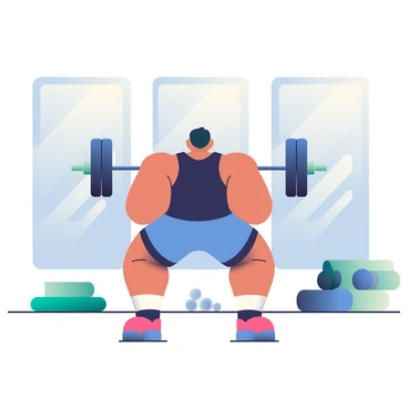 An athlete with a toned physique is performing a barbell squat in a gym setting. The athlete has short black hair and is wearing a fitted black tank top and blue shorts. A barbell rests on their shoulders as they lower into the squat position. In the background, large mirrors reflect the athlete's movements and the gym's equipment. Various weights are stacked on the floor nearby, and there are exercise mats rolled up against the wall. The atmosphere is filled with bright light coming from overhead gym lights.