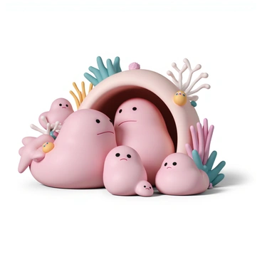 A group of blobfish, including two adult blobfish and three smaller ones, are gathered together in a cozy coral home. The adult blobfish are slightly larger and feature soft, pink bodies with droopy faces. The three smaller blobfish, representing their children, have similar pink coloring but are more rounded and smaller in size. They are positioned playfully around the adults, one of the children playfully resting on the side of the coral. The coral home is adorned with various colorful sea plants and anemones, providing a vibrant backdrop. The scene conveys a sense of warmth and togetherness in the underwater setting.