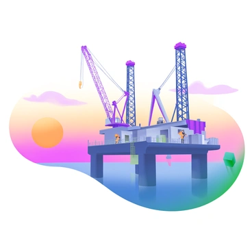 An offshore oil rig with several large cranes towering above it. Workers in safety gear can be seen moving about the rig, engaging in various tasks. The sky is filled with vibrant oranges and pinks as the sun sets on the horizon, casting a warm glow over the scene. The water reflects these colors, creating a serene atmosphere around the industrial structure.
