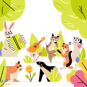 A group of whimsical animals is gathered in a vibrant forest setting. A cheerful rabbit is playing a bright green accordion, while a joyful squirrel strums a small, orange guitar. Nearby, a wise old owl is perched on a branch, holding a shiny silver flute. A playful fox dances around, waving colorful maracas in rhythm. The background is filled with lush green trees and colorful flowers, creating a lively atmosphere for the concert. Sunlight filters through the leaves, casting playful shadows on the forest floor.