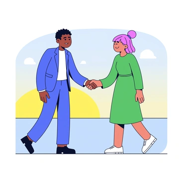Two individuals from different backgrounds are shaking hands. One person is wearing a blue suit, while the other is dressed in a green dress. They are standing on a flat surface, facing each other with smiles. In the background, there is a calm horizon with soft colors blending into each other, depicting a tranquil atmosphere. The sky is clear with a gentle gradient from light blue at the top to a warm yellow near the horizon.