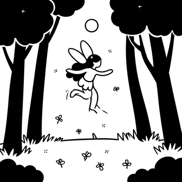 A whimsical fairy with delicate wings is gently hovering above the ground in a forest clearing. The fairy has long flowing hair that cascades down her back, adorned with tiny flowers. Around her, multiple friendly fireflies are glowing softly, creating a magical atmosphere. The forest is filled with tall trees that cast intricate shadows on the ground. The moonlight filters through the leaves, illuminating the scene. The fairy is surrounded by small, sparkling orbs of light emitted by the fireflies, enhancing the enchanting ambiance of the clearing.