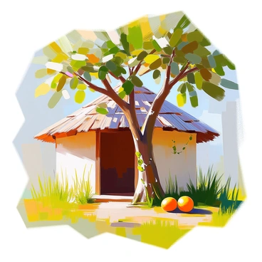 A small hut constructed around the base of a mango tree, with the tree's thick trunk rising through the center. The roof of the hut is woven from green leaves, creating a natural canopy. Surrounding the hut, vibrant green grass grows, and a few scattered mangoes lie on the ground nearby, reflecting the lush environment. The hut has wooden walls that are partially covered with climbing vines, adding to its rustic charm. Sunlight filters through the leaves, casting dappled shadows on the ground.