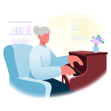 An old woman playing a tune on a vintage piano in a warmly lit room