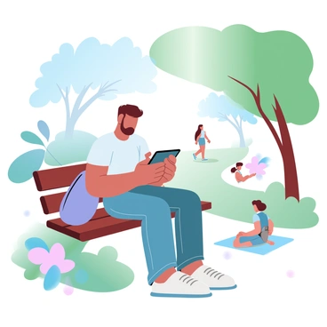 A person is sitting on a wooden bench in a park, surrounded by lush green trees and colorful flowers. The person is holding a tablet in their hands and looking at the screen intently. They are wearing a casual t-shirt and jeans, with a backpack resting beside them on the bench. Sunlight filters through the leaves, creating a dappled effect on the ground. In the background, there are other park-goers enjoying the day, some walking along a path and others sitting on blankets.