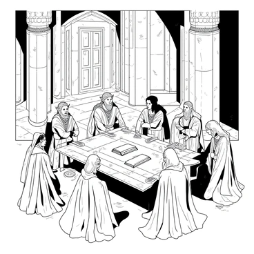 A grand, ancient hall with tall stone columns and intricate carvings reflects a sense of wisdom and tradition. In the center of the hall, a circle of wise elves is gathered. Each elf is adorned in elegant robes with intricate patterns. They have pointed ears and thoughtful expressions, deep in discussion. The lighting in the hall is soft, casting long shadows on the stone floor. Ancient scrolls and ornate tomes are scattered on a large wooden table at the center of the circle. The atmosphere is filled with an air of knowledge and contemplation.
