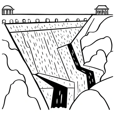 A close-up illustration showcasing the engineering details of the "Hoover Dam". The image focuses on the massive "concrete blocks" with their textured surfaces, emphasizing the scale and intricate craftsmanship. "Spillways" are prominently featured, demonstrating the flow of water over the edges, with visible channels leading away from the dam. Surrounding elements include the rocky terrain and structural supports that enhance the dam's grandiosity.