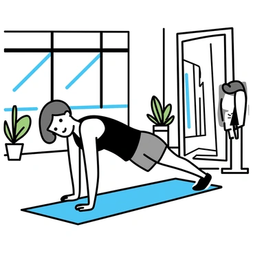 A person, wearing a black tank top and gray shorts, is performing a side plank on a yoga mat. The gym is equipped with modern workout machines and has large windows allowing natural light to flood the space. A large mirror reflects the individual in the side plank position, showcasing their focus and determination. The floor is made of polished wood, and there are potted plants in the corners of the gym, adding a touch of greenery to the environment.