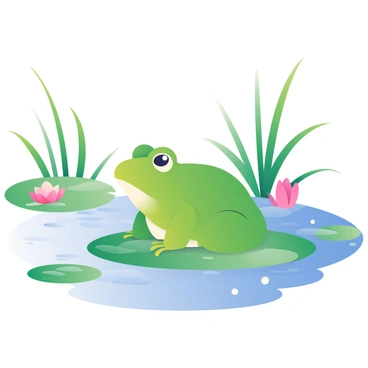 A green frog is sitting on a lily pad in a calm pond. The frog's skin is moist and glistening under the sunlight, showcasing its vibrant color and texture. Surrounding the frog are gentle ripples on the water surface, and small bubbles are rising from below, indicating gas exchange. The pond is bordered by lush green lily leaves and a few blooming water lilies. In the background, tall reeds sway slightly in the breeze, adding to the serene environment surrounding the frog.