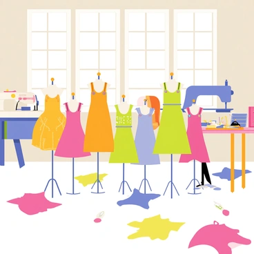 A design workshop filled with natural light streaming through large windows. The floor is covered with scattered dress patterns in various shapes and sizes. In the foreground, several mini dresses hang on mannequins, showcasing vibrant colors and playful patterns. Each mini dress features distinct button accents that add texture and detail. In the background, sewing machines and fabric rolls are visible, along with a table cluttered with scissors, threads, and design sketches. The atmosphere is busy and creative, reflecting an active space for fashion design.