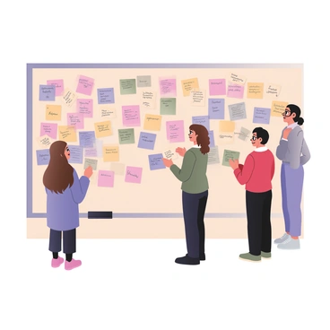 A wall covered with a multitude of colorful sticky notes in various shapes and sizes, prominently featuring shades of pink, yellow, green, and blue. Each note displays different handwritten ideas and thoughts in various styles of writing. Several individuals are standing in front of the wall, engaged in conversation. One person, a woman with curly brown hair wearing a blue shirt and glasses, is pinning a new sticky note on the wall. Another person, a man with short black hair dressed in a red sweater, is reading a note with a thoughtful expression. The background is filled with an energetic atmosphere of collaboration and creativity.