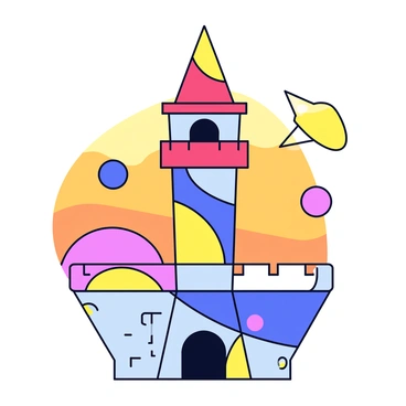 A tall and slender tower with a rounded top, resembling the Galata Tower. The tower is adorned with various vibrant colors, such as bright red, yellow, and blue. Surrounding the tower are abstract shapes like circles and triangles, creating a dynamic feel. The tower has a stone texture, and the sky is depicted in a gradient of warm oranges and cool blues.