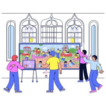 A group of artists painting a vibrant fresco on the wall of a grand hall. The fresco depicts colorful scenes with intricate details and lively imagery. Around the artists, there is scaffolding that allows them to reach various heights to complete their work. The hall features high ceilings and large ornate windows that let in natural light, highlighting the colors of the fresco. The artists are focused on their tasks, some holding palettes, while others apply paint to the wall with brushes.