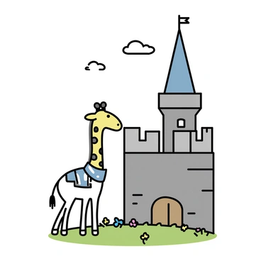 A giraffe dressed in shining silver armor stands proudly beside a tall castle with high towers and battlements. The giraffe's armor is intricately designed and fits snugly over its long neck and body. The castle is constructed of gray stone, with a large wooden door and small banners fluttering from the towers. Green grass covers the ground around the castle, and a few colorful flowers are scattered in the foreground. The sky above is clear with a few fluffy clouds, creating a bright and cheerful atmosphere.