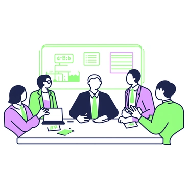 A government official is seated at a large rectangular table in a modern meeting room. The official is wearing a navy suit and has short hair, while holding a notepad and pen. Surrounding the table are four advisors, each with distinct features: one with glasses, another with long hair, the third with a distinctive tie, and the last one is wearing a blazer. Papers and a laptop are scattered across the table. A whiteboard in the background displays charts and bullet points related to economic policies. The atmosphere suggests focused discussion and collaboration.