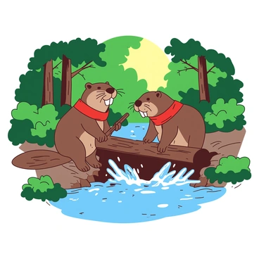 A pair of brown beavers, each wearing bright red scarves, are sitting at the edge of a flowing stream in a dense green forest. One beaver is holding a stick in its paws as it communicates animatedly with the other beaver, which is placing a large log into the water. The stream is surrounded by tall trees and lush bushes, with sunlight filtering through the leaves. Small splashes of water can be seen as the beavers work diligently on their dam, creating a busy and lively atmosphere.