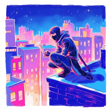 A shadowy ninja with a sleek black outfit is crouched on the edge of a rooftop. The ninja is wearing a mask that obscures their face, leaving only their eyes visible, focused and alert. In one hand, they are holding a shuriken, poised for action. The rooftop is surrounded by tall buildings with dimly lit windows, and the sky is dark with a few scattered stars. The ninja's silhouette stands out against the subtle glow of the city lights below.
