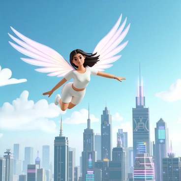 A female character named Echo is flying high above a futuristic cityscape. She has large, iridescent wings that shimmer brilliantly under the sunlight, reflecting a spectrum of colors. Below her, the city is filled with towering skyscrapers made of glass and steel, with intricate designs and neon lights. The sky is a vibrant blue with a few scattered clouds, creating a perfect backdrop for her flight. Echo's hair flows behind her as she glides gracefully through the air, showcasing a confident expression on her face.