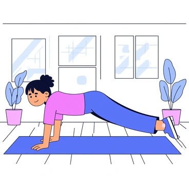 A person in a plank position on a yoga mat. The individual is depicted with a focused expression, arms straight and supporting the body, with legs extended behind. The yoga mat is a solid color, placed on a wooden floor. The room is brightly lit, with sunlight streaming in through a large window, casting shadows on the floor. There are minimal decorations in the background, keeping the focus on the person and their pose.