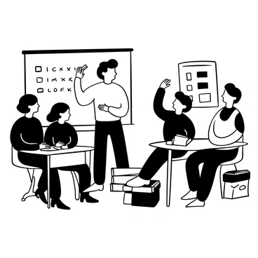 A teacher stands in front of a whiteboard, holding a piece of chalk and writing down information. Surrounding the teacher are several eager learners, all attentively looking towards the board. Some learners are seated at tables, while others are standing nearby, taking notes on paper. The room is filled with educational materials, such as books and charts, creating an atmosphere of learning and engagement.