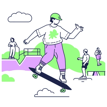 A teenager is on a skateboard, teetering on the edge of losing balance. The skateboard is mid-air as the teenager attempts a trick, with wheels slightly off the ground. The teenager has short hair and is wearing a helmet for safety. They are dressed in a graphic t-shirt and baggy shorts. In the background, the skate park is filled with ramps and railings. A few other individuals can be seen in the distance, watching the trick attempt. The sky above is clear, suggesting a bright day.