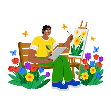 An artist sitting on a wooden bench in a vibrant garden filled with blooming flowers. The artist has a focused expression, holding a paintbrush in one hand and a sketchbook in the other. Surrounding the artist are colorful flowers in various shades of red, yellow, and blue, with green leaves interspersed among them. The sun casts soft shadows, highlighting the details of the flowers and the artist's work. The sketchbook displays an elaborate illustration of the flowers, showcasing their intricate details. Bright butterflies flutter nearby, adding to the lively atmosphere of the garden.