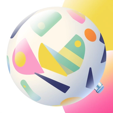 A close-up of a gas balloon with a glossy surface. The balloon is filled with air, creating a slight bulge. It features distinct geometric patterns in vibrant colors, including triangles, circles, and stripes. The light reflects off the balloon's surface, creating subtle highlights and shadows. In the background, a soft blur of colors enhances the focus on the balloon, emphasizing its unique design and texture.