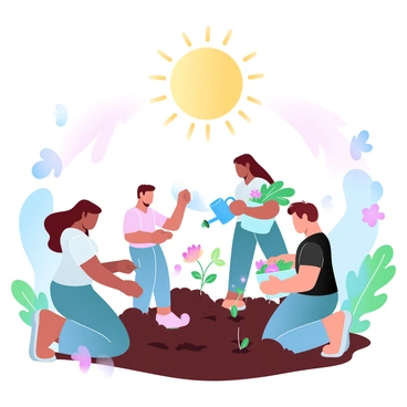 A group of four people is engaged in a community garden, with two individuals kneeling in soil, planting small seedlings. One person is holding a watering can, ready to hydrate the newly planted flowers. Another individual is standing nearby, holding a small basket filled with fresh vegetables. Surrounding them are vibrant green plants and colorful blooming flowers. Above them, there is a large sun shape radiating light, symbolizing a warm, supportive environment.