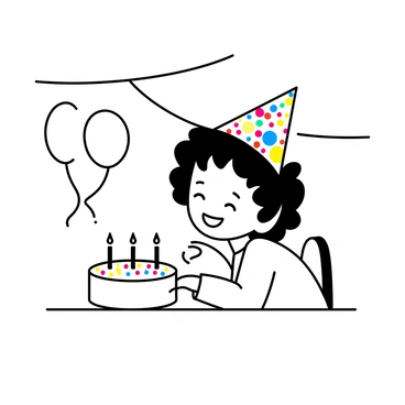 A little girl wearing a colorful party hat is sitting at a table. She has curly hair and is smiling joyfully as she leans forward to blow out the candles on a round cake. The cake is decorated with white frosting and colorful sprinkles, and it has several lit candles on top. In the background, there are balloons and streamers hanging, adding to the festive atmosphere of the scene.