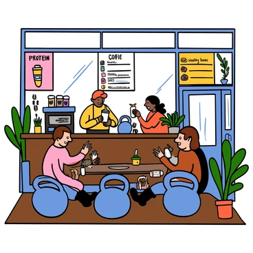 A cozy café interior featuring unique kettlebell-shaped seats arranged around small tables. The walls are adorned with vibrant posters showcasing a fitness-themed menu that includes items like protein shakes, healthy salads, and energy bars. Light pours in through large windows, illuminating the space. The floor is wood, and there are potted plants placed around to enhance the lively atmosphere. A barista is behind the counter, preparing drinks, while customers are happily chatting and enjoying their meals.