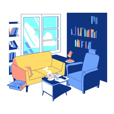 A bright, sunlit side of the room features large windows with rays of sunlight streaming through, casting soft shadows on the white walls. There is a yellow plush sofa facing a small coffee table with a steaming cup of tea placed on it. On a nearby shelf, colorful books are neatly arranged. The dim, shadowy side of the room has dark walls and a deep blue armchair tucked in a corner, illuminated only by a small table lamp with a warm glow. A dark wooden bookshelf is filled with shadowy silhouettes of books, creating a distinct contrast between the two sides of the room.