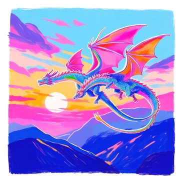 A group of dragons is soaring through the sky as the sun sets on the horizon. Each dragon has distinct features, with scales that shimmer in shades of emerald green, ruby red, and deep blue. Their wings spread wide, catching the warm hues of the evening sky. The sky is filled with vibrant colors, blending oranges, purples, and pinks as the sun dips lower. Below, silhouettes of distant mountains can be seen, contrasting against the colorful backdrop. The dragons appear to be in formation, their powerful bodies gliding gracefully into the sunset.