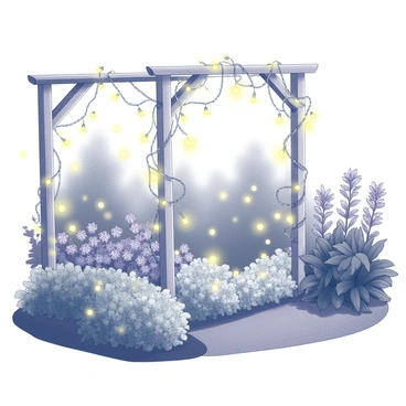 A garden scene illuminated by fairy lights. The lights are delicately strung in intricate patterns, resembling various constellations in the night sky. The garden features lush green foliage and an assortment of flowers, adding depth to the setting. The fairy lights create a magical ambiance, casting soft glows across the plants. In the background, a wooden trellis supports climbing vines, enhancing the enchanting feel of the garden. The overall composition is peaceful, inviting viewers to immerse themselves in the serene atmosphere.