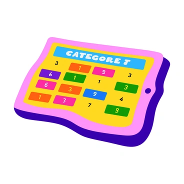 A large game board featuring a grid of categories and point values for a quiz game. The board is rectangular, with vibrant colors and clear, bold lettering. Each category is displayed in a large, colorful box at the top of the board. Below each category, there are multiple rows with point values clearly labeled in bright colors. The point value boxes are evenly spaced and have a shiny, polished appearance. The overall layout is organized and easy to read, making it inviting for players.