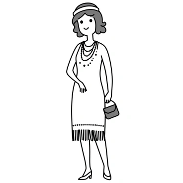 A stylish woman wearing a flapper dress with a beaded design, featuring fringe details that sway gently. She has a cloche hat adorned with a decorative band. On her neck, a string of pearls rests elegantly, while she holds a small beaded handbag in one hand. Her shoes are classic T-strap heels. The woman has a bob hairstyle, with soft waves framing her face, and she is standing confidently with a slight smile.