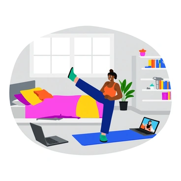 A person is performing leg raises on a soft mat in their bedroom. The individual is wearing comfortable workout attire, consisting of a bright tank top and stretchy leggings. The room is well-lit, with a large window allowing natural light to pour in. In the background, there is a neatly made bed with colorful pillows and a small bookshelf filled with fitness books and personal items. A laptop is set up on the floor in front of the person, displaying the online fitness class. The walls are painted in a calming color, and a houseplant sits in the corner, adding a touch of greenery to the space.