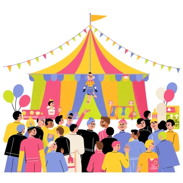 A captivated crowd gathered beneath a colorful big top circus tent. The audience is diverse, with children and adults alike, all displaying expressions of excitement and wonder. Brightly dressed performers are visible in the center of the ring, showcasing acrobatic feats and juggling acts. Colorful balloons and popcorn vendors are scattered around the edges of the crowd, enhancing the festive atmosphere. Strings of lights hang from the tent, illuminating the scene with a warm glow.