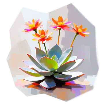 A unique succulent plant with thick, fleshy leaves displaying a variety of textures and shades, primarily green with hints of blue. The plant is positioned prominently in the center of the image. Vibrant flowers in shades of red, orange, and yellow are blooming atop slender stalks, creating a striking contrast against the plant's leaves. The flowers have multiple petals with intricate patterns, adding to the overall visual appeal. Bright sunlight casts soft shadows, highlighting the details of both the succulent and its colorful blossoms.