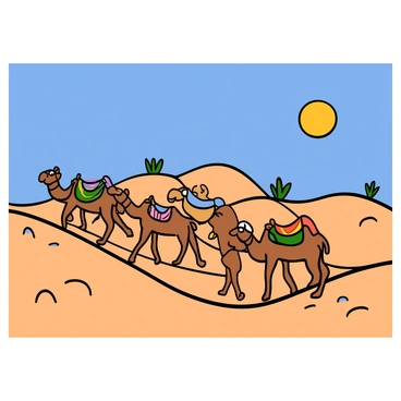 A caravan of camels moving across a vast desert landscape under a clear blue sky. The camels have light brown fur, and they are walking in a line, each with a saddle and colorful blankets on their backs. The desert is depicted with rolling sand dunes, some casting soft shadows, and the sun is high in the sky, casting a warm golden light across the scene. In the background, a few sparse desert plants can be seen dotting the landscape. The overall composition fills the 9x12 illustration board with a sense of movement and adventure.
