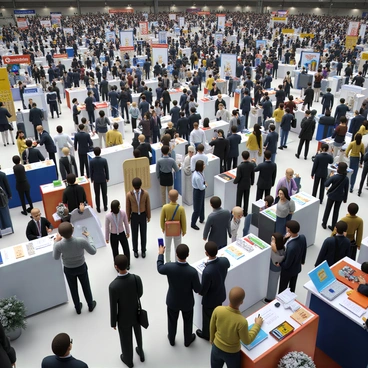 A bustling job fair taking place in a large convention hall filled with people. Various company booths are set up, each displaying banners with their logos and promotional materials. Representatives from different companies wear professional attire, engaging with eager job seekers. Job seekers of diverse backgrounds are seen approaching the booths, some holding resumes and others taking notes. There are interactive displays showcasing company cultures, along with informational pamphlets and giveaways on the tables. The atmosphere is dynamic, with conversations happening everywhere and a sense of anticipation in the air.