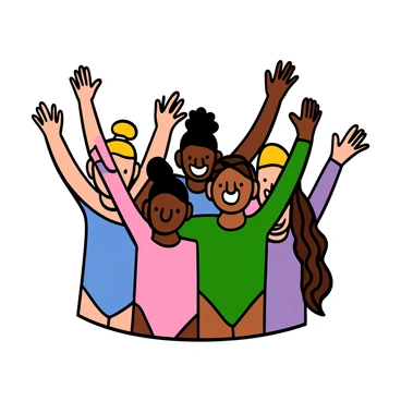 A group of five gymnasts huddled together, smiling and cheering. Each gymnast has a different appearance: one has light skin and blonde hair tied in a bun, another has medium skin with curly black hair, a third has dark skin with short braids, the fourth has light skin and straight brown hair, and the fifth has medium skin with long wavy hair. They are wearing colorful leotards in shades of blue, pink, green, and purple. The gymnasts are standing closely together, with their arms raised in excitement, as they encourage and motivate each other with expressions of determination and joy.
