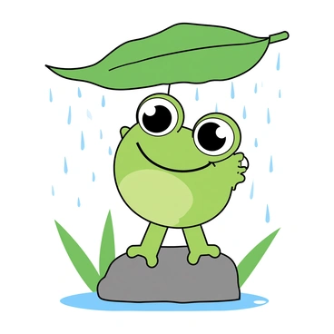 A cheerful green frog with large, bright eyes is standing on a small rock. It has a wide smile and its cheeks are slightly puffed out. The frog is holding a large green leaf above its head, acting as an umbrella to shield itself from a gentle rain shower. Raindrops are visible, falling around the frog and creating small splashes on the rock. The background features a few green blades of grass and a blurred view of other leaves, indicating a lush environment. The scene radiates a playful and lighthearted atmosphere.